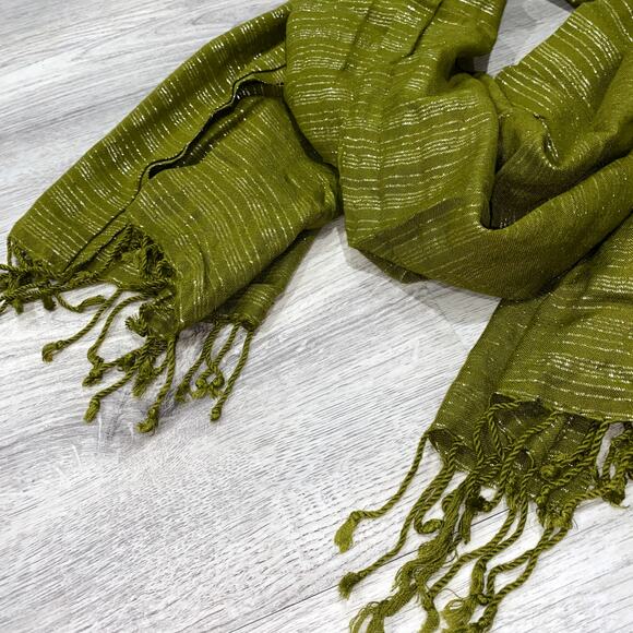 Olive Green Metallic Shimmer Lightweight Shawl Wrap Scarf with Fringe - Picture 3 of 6